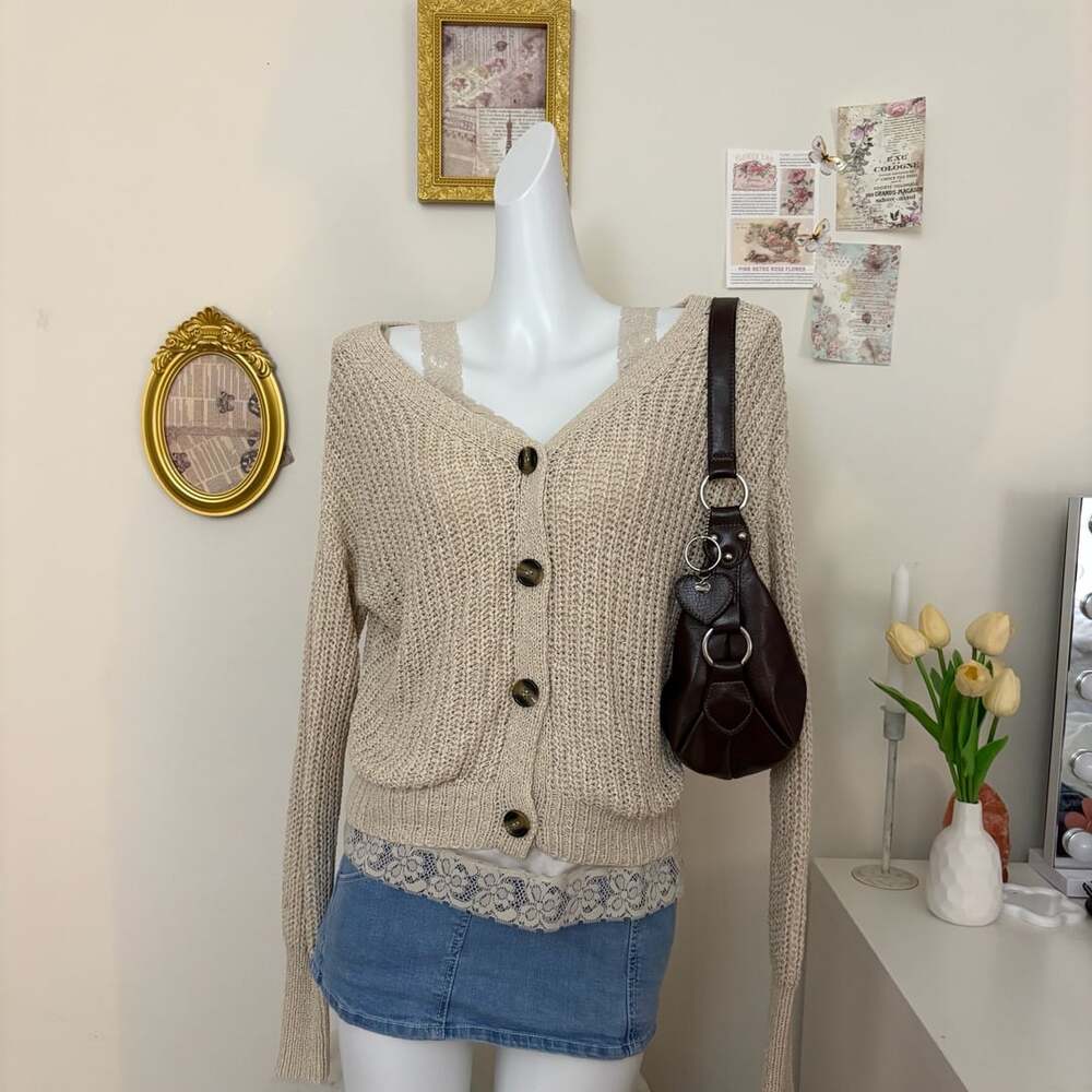 Moon & Madison Cardigan Size M Beige Open Knit V-Neck Button Down Sweater